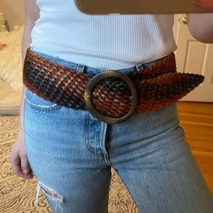 Woven two tone brown leather belt